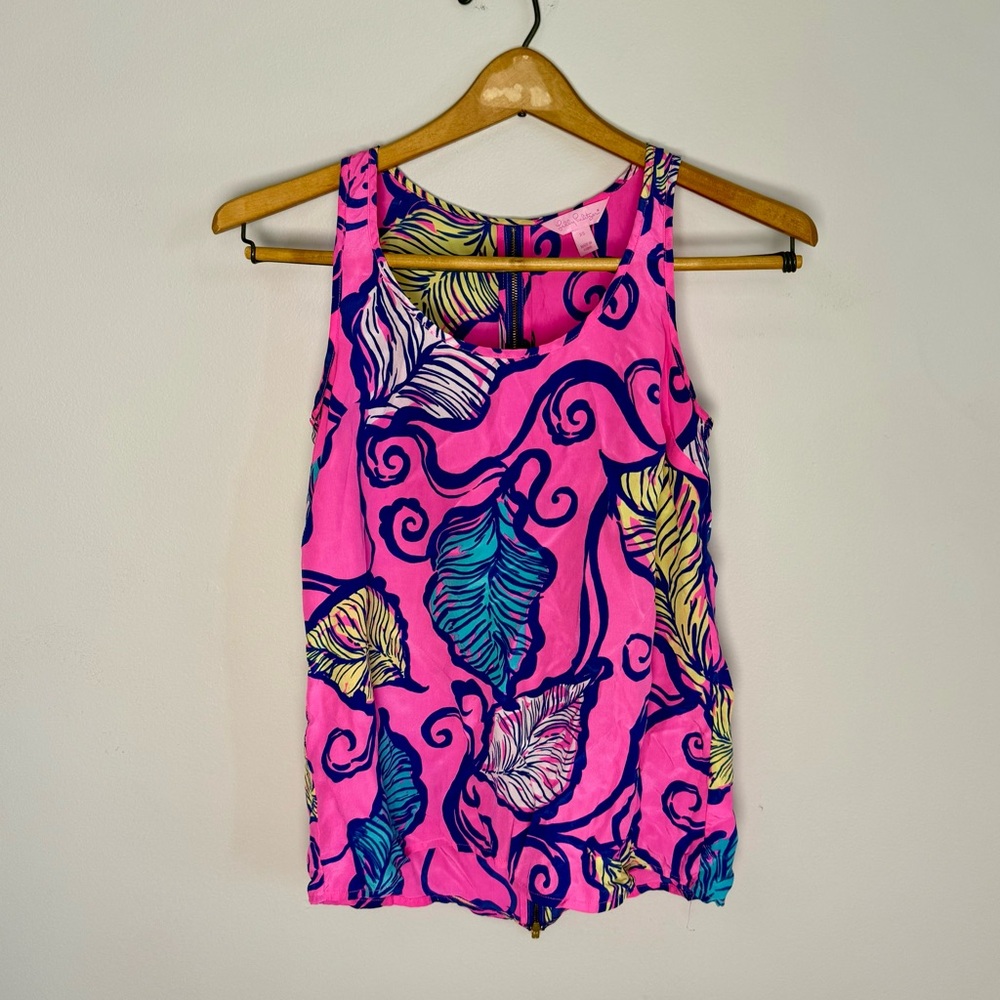 Lilly Pulitzer Pink Blue Leaf Print 100% Silk Tank Top | XS